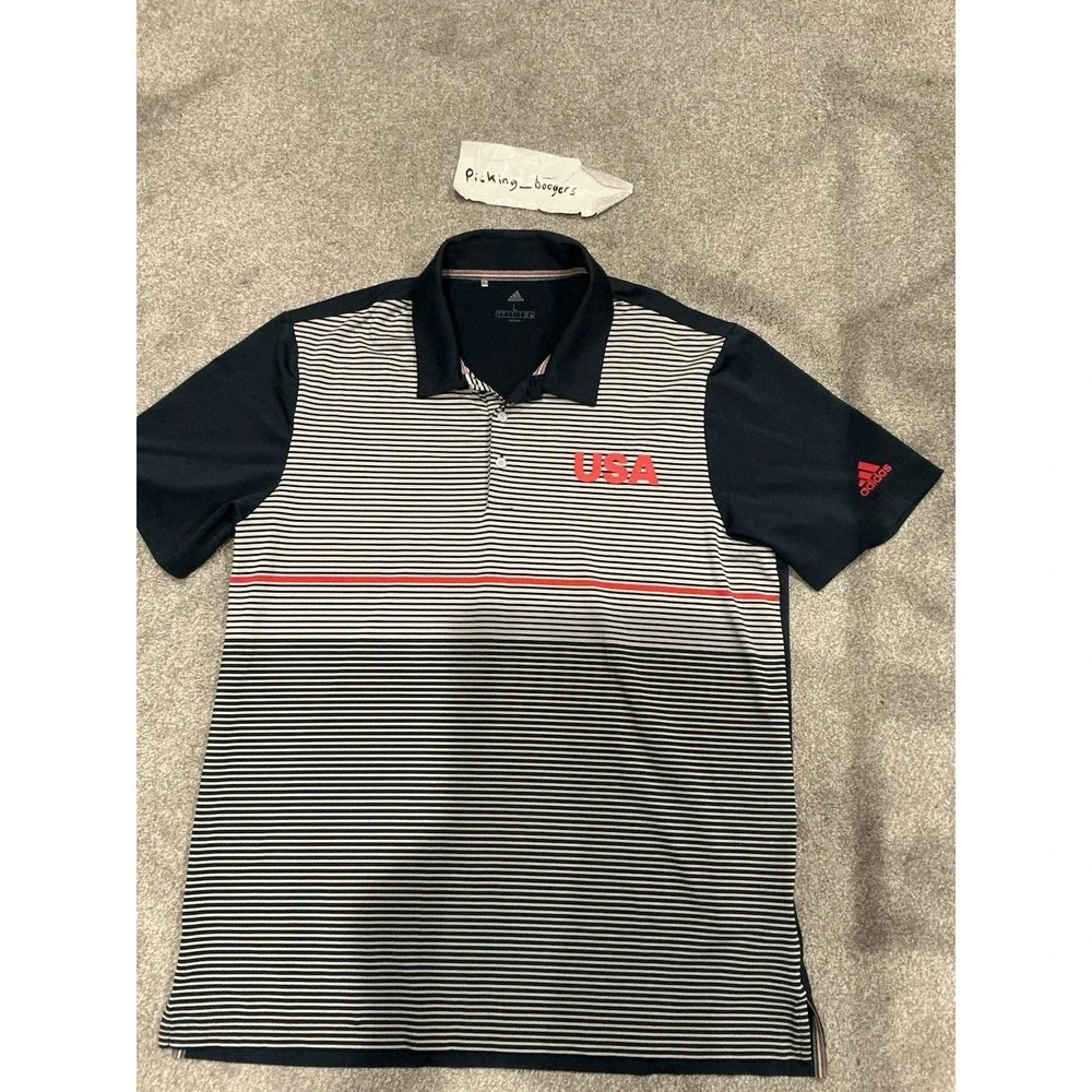 Adidas Golf Polo Shirt Mens LARGE Navy Blue Gray Red USA Logo Striped